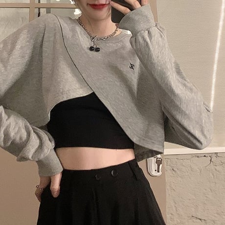 不規則 クロス トップス シンプル ルーズ 薄手 ショート丈 レトロ トレーナー 韓国ファッション レディース 大人可愛い ガーリー DTC-651057262550
