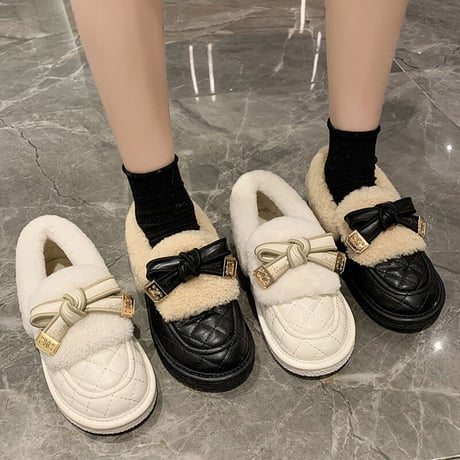 ファーシューズ リボン 22.5～25.0cm ローファー フラット フェイクファー もこもこ 歩きやすい おしゃれ 疲れない ガーリー DTC-661269724427