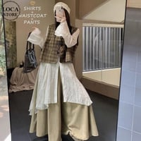 3点セット セットアップ 上下セット チェック柄 ベスト 不規則デザイン ロングシャツ ロングブラウス ワイドパンツ ルーズ 長袖 レトロ 大人可愛い ガーリー DTC-832627534872