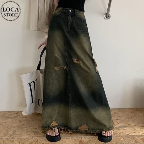 デニムスカート ヴィンテージ風 ダメージ加工 フリンジ 切りっぱな裾 Aライン ハイウエスト デニム ロングスカート レトロ 大人可愛い ガーリー カジュアル DTCA-738580370386