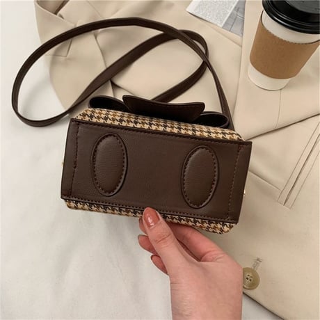 2WAY ハンドバッグ ショルダーバッグ ミニバッグ 千鳥格子 リボン チェック柄 バッグ 鞄 レトロ ホワイト ブラック ブラウン DTC-631010281178