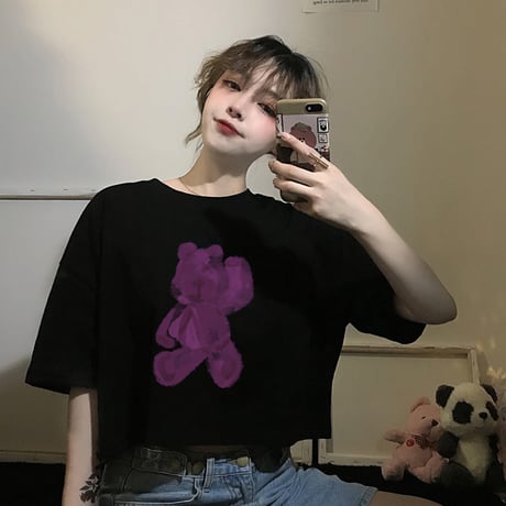 クロップドTシャツ 半袖 クマプリント ラウンドネック クロップド丈 韓国ファッション レディース Tシャツ ショート丈 カジュアル ストリートファッション DTC-622776901664