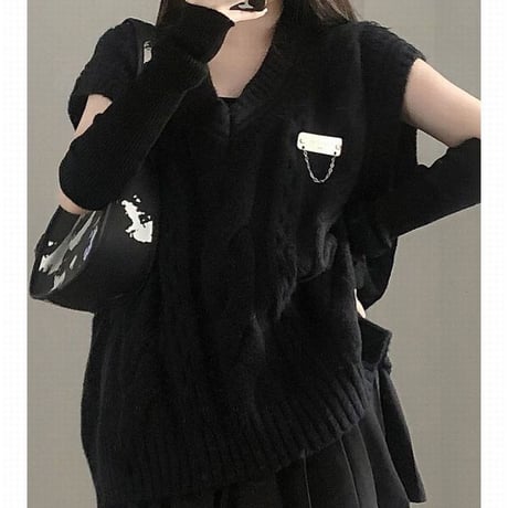 ニットベスト ケーブル編み プレート チェーン オーバーサイズ ビッグサイズ Vネック レトロ 韓国ファッション レディース カジュアル ストリートファッション DTC-679727228161