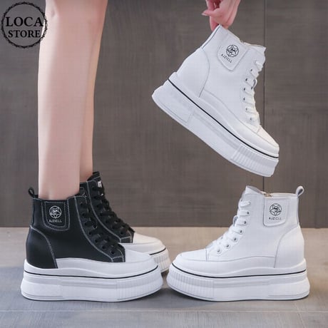 厚底 ハイカットスニーカー 22.0～25.0cm インソール サイドジッパー ファスナー ショートブーツ シューレース カジュアル 韓国ファッション レディース DTC-682592669522