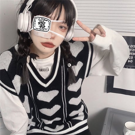 ニットベスト ハート柄 Vネック ゆったり 大きめ ルーズ カジュアル 韓国ファッション レディース 大人可愛い ガーリー DTC-654220317913