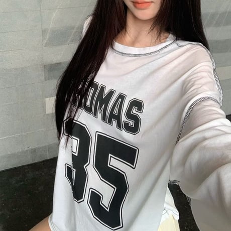 Tシャツ 長袖 ナンバリング レタープリント ロンT ワンショルダー オーバーサイズ トップス ルーズ レトロ 韓国ファッション レディース 大人可愛い ガーリー DTCA-861844447756