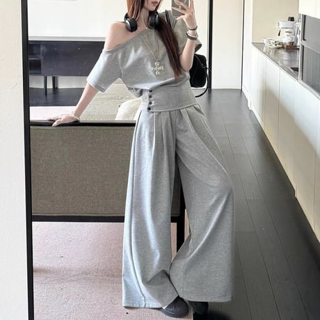 セットアップ 上下セット スウェット オフショルダー tシャツ トップス ワイドパンツ ハイウエスト オフショル レトロ 大人可愛い ガーリー カジュアル DTCA-920359912258