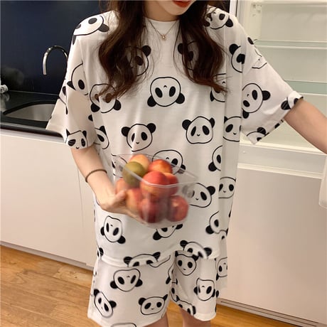 【ルームウェア】 パジャマ 半袖 パンダ柄 プリント Tシャツ ショートパンツ 上下セット レトロ 韓国ファッション レディース DTC-644054009683