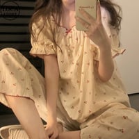 ルームウェア パジャマ セットアップ チェリー柄 さくらんぼ柄 スクエアネック 部屋着 上下セット 韓国ファッション レディース 大人可愛い ガーリー フェミニン DTC-679182811692