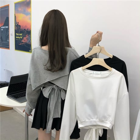 Tシャツ スウェット バックリボン プルオーバー オープンバック ショート丈 長袖 韓国ファッション レディース トップス 大人可愛い ガーリー カジュアル DTC-652203511871
