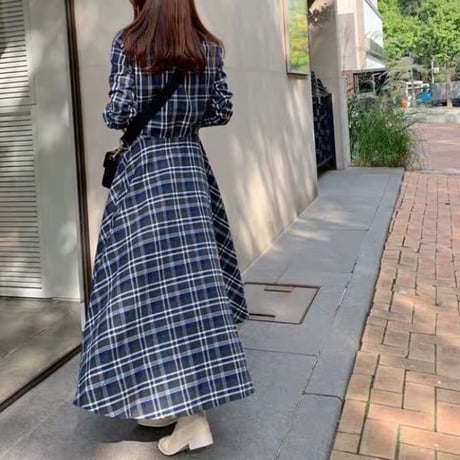 チェック柄 シャツワンピース イレギュラーヘム Aライン ハイウエスト ロングワンピース 不規則 ルーズ 長袖 レトロ 大人可愛い ガーリー カジュアル DTCA-679117868981