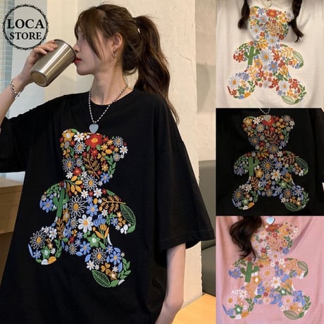 Tシャツ くまちゃん 花 刺繍 半袖 オーバーサイズ 韓国ファッション レディース トップス ベアー 大きめ カジュアル ストリートファッション DTC-643234188804