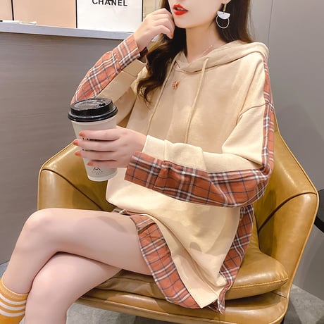 チェック柄 切り替えパーカー プルオーバー ドッキングトップス 長袖 韓国ファッション レディース パーカー 切り替え 大人可愛い ガーリー カジュアル DTC-636279794778
