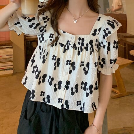 花柄 ブラウス スクエアネック パフ袖 半袖 薄手 韓国ファッション レディース ショート丈 レトロ 大人可愛い ガーリー フェミニンDTC-650462617328)