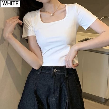 【5カラー】 Tシャツ スクエアネック ショート丈 トップス 無地 半袖 レトロ 韓国ファッション レディース 大人可愛い ガーリー DTC-711502261861