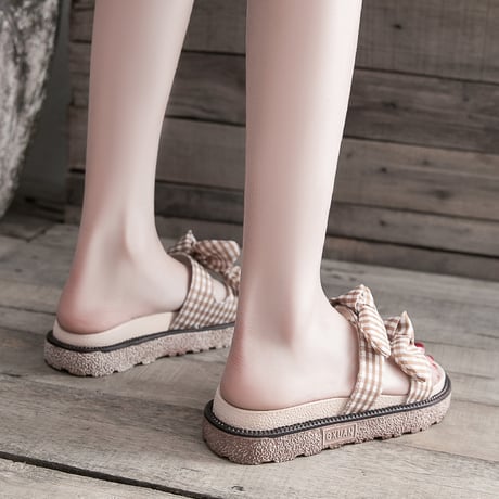 チェック柄 リボン サンダル 22.5～25.0cm ダブルベルト フラット 厚底サンダル 歩きやすい かわいい フェミニン DTC-588162485550