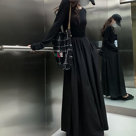 マキシ丈 ワンピース ウエストスリム ハイウエスト 長袖 Aライン シンプル レトロ 韓国ファッション レディース 大人可愛い ガーリー DTC-681602766875