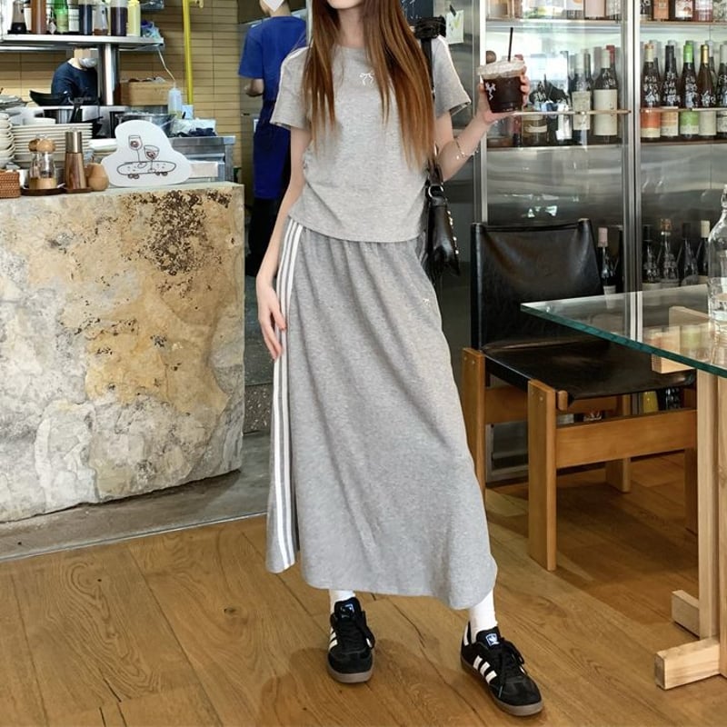 国内発送★Sabo Skirtタレートップス&パンツセット(上下セット) セットアップ 上下セット サイドライン ワンポイントリボン