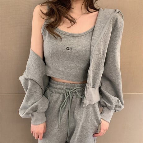 セットアップ 3点セット スウェット パーカー ジップアップ ショート丈 キャミソール タンクトップ パンツ ボトムス 長袖 ルーズ レトロ カジュアル DTCA-685560674661