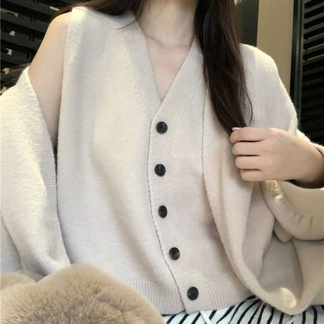 2点セット ニットベスト ロングカーディガン ニットコート 長袖 ゆったり  ルーズ レトロ 韓国ファッション レディース 大人可愛い ガーリー DTC-740113593283