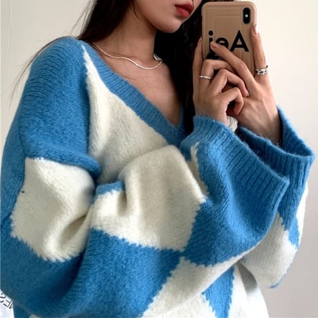 ダイヤ柄 ニット ニットセーター プルオーバー Vネック 長袖 ルーズ ゆったり レトロ 韓国ファッション レディース 大人可愛い ガーリー DTC-655919132061