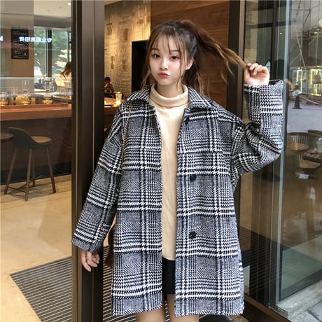 チェックコート シングルブレスト 韓国 ファッション レディース コート チェック柄 アウター ウールコート シングルブレスト レトロ (DTC-603665766891)