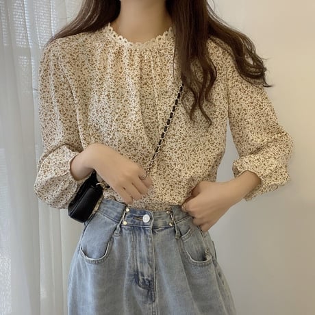 花柄ブラウス レース パフスリーブ トップス 花柄 ブラウス 総柄 長袖 レトロ 韓国ファッション レディース 大人可愛い ガーリー フェミニン DTC-650514777101