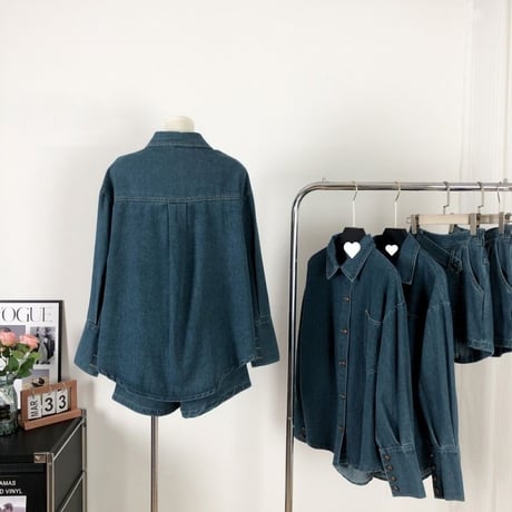 セットアップ 上下セット デニムシャツ デニムスカパン アシンメトリー アシメ ショートパンツ ハイウエスト 長袖 ルーズ レトロ 大人可愛い ガーリー カジュアル DTC-742722493272