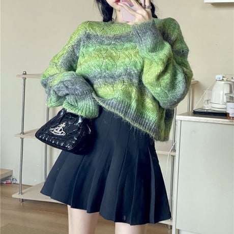 ニット セーター グラデーション ケーブル編み 厚手 長袖 ショート丈 カラフル レトロ 韓国ファッション レディース 大人可愛い ガーリー DTC-658029973431