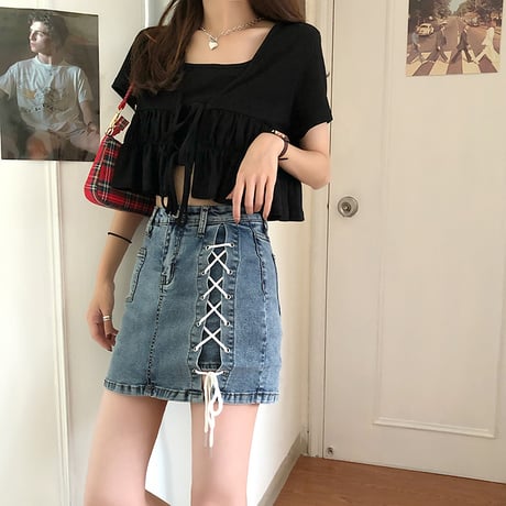 編込み デニムスカート ショートパンツ 韓国ファッション レディース スカパン インナーパンツ ハイウエスト ショート丈 Aライン ガーリー レトロ DTC-618967660120