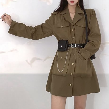 ワンピース ベルト付き ポケットチェーン ジャケット風 韓国ファッション レディース シングルブレスト ハイウエスト ガーリー DTC-624889485862