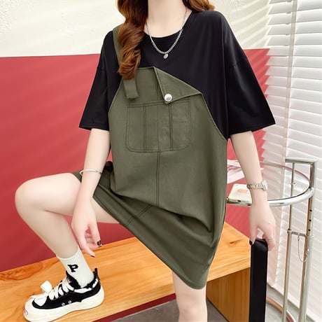 フェイクレイヤード ワンピース Tシャツ ドッキングワンピース ミニ丈 バイカラー ルーズ 半袖 レトロ 大人可愛い ガーリー 韓国ファッション レディース DTC-678993747695
