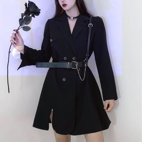 スーツワンピース ベルト付き シャツ ワンピース ダブルブレスト 長袖 ハイウエスト ショート丈 レトロ 韓国ファッション レディース 大人可愛い ガーリー DTC-669941579195