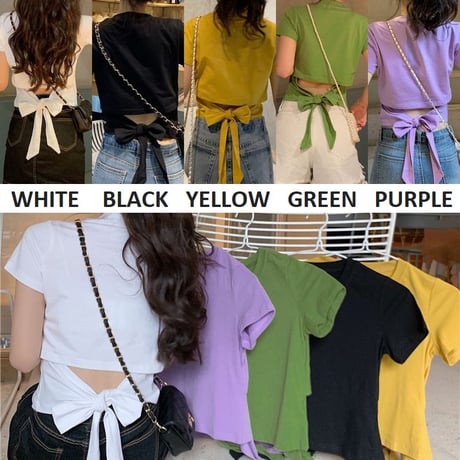 バックリボン tシャツ バックレス ウエスト見せ ショート丈 クルーネック 半袖 トップス レトロ 大人可愛い ガーリー カジュアル DTCA-732666685652