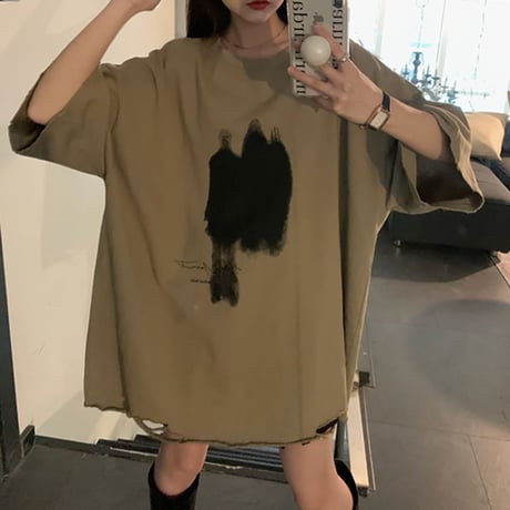 Tシャツ クラッシュ加工 オーバーサイズ ルーズ ダメージ加工 半袖 大人可愛い ガーリー カジュアル 韓国ファッション レディース 韓国ストリートファッション DTCA-671002996446