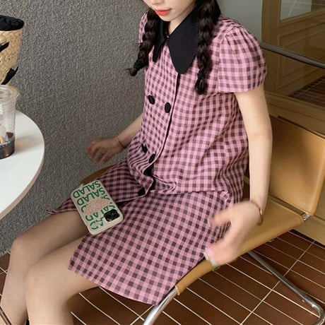 チェック柄 ワンピース ダブルボタン 襟付き ミニワンピース 半袖 ルーズウエスト ルーズ レトロ 韓国ファッション レディース 大人可愛い ガーリー DTC-674624666422