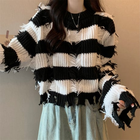 ボーダーニット ダメージ加工 フリンジ ブラック レッド プルオーバー ダメージニット ニット ボーダー ショート丈 セーター ルーズ 秋 冬 レトロ カジュアル DTCA-749285041716