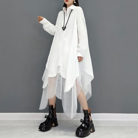 ロングシャツ シャツワンピース チュール シャツ ワンピース アシンメトリー ルーズ 長袖 レトロ 韓国ファッション レディース 大人可愛い ガーリー DTC-653970172988