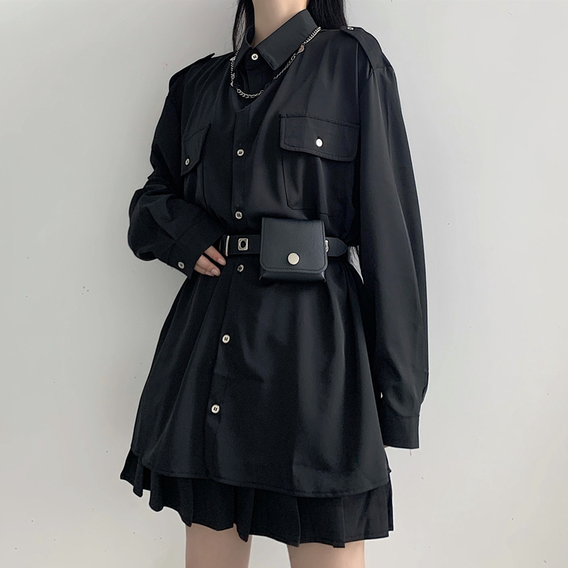 【希少】大きいサイズ バーバリーロンドン ロングシャツ ベルト付き リネン 黒 ロングシャツ ミニバッグ付き ベルトポシェット ベルト付属 長袖