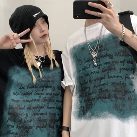 ユニセックス Tシャツ 半袖 レタープリント 英字 ラウンドネック オーバーサイズ トップス 大きめ カジュアル ストリートファッション DTC-640058576164