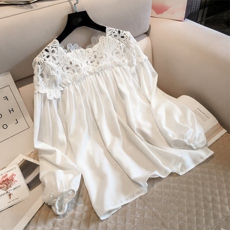 レディース シフォン レースブラウス シフォンレースシャツ チュニック 体型カバー 刺繍 レースアップ ゆったり 韓国ファッション (DCT-567410160244)