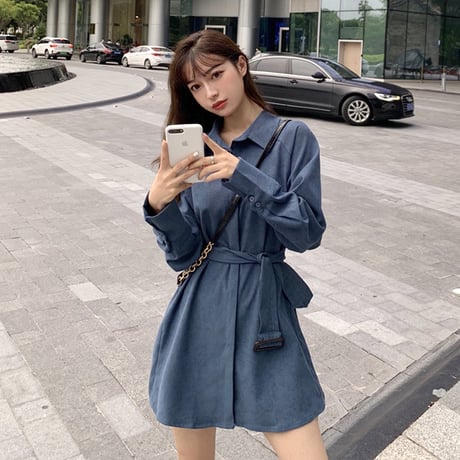 シャツワンピース ベルト シャツ 長袖 韓国ファッション レディース トップス ゆったり 大人可愛い ガーリー フェミニン カジュアル DTC-627127092317