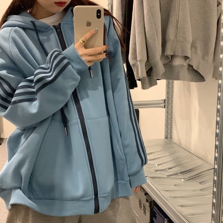 パーカー 裏起毛 袖ライン ジップアップ プラスベルベット 長袖 オーバーサイズ 韓国ファッション レディース ルーズ カジュアル ストリートファッション DTCA-732271460143