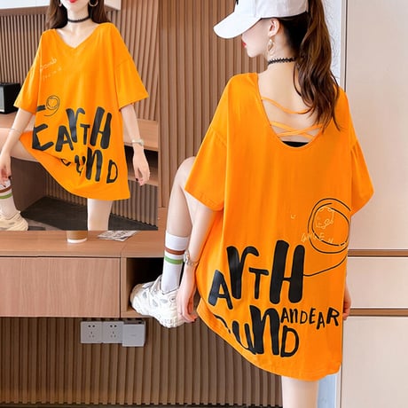 Tシャツ チュニック オープンバック Vネック オーバーサイズ ゆったり 半袖 レトロ 韓国ファッション レディース 大人可愛い ガーリー カジュアル DTC-650661295321