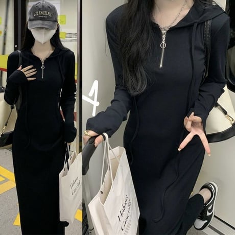 フード付き ニットワンピース ハーフジップ スリム ロングワンピース ニット ハイウエスト 長袖 レトロ 韓国ファッション レディース 大人可愛い ガーリー DTC-737695949703