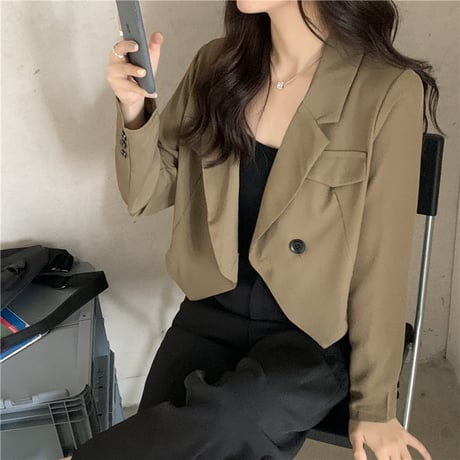 ショートジャケット ダブルブレスト 薄手 ルーズ 長袖 韓国ファッション レディース ジャケット 大人可愛い ガーリー DTC-624318596851