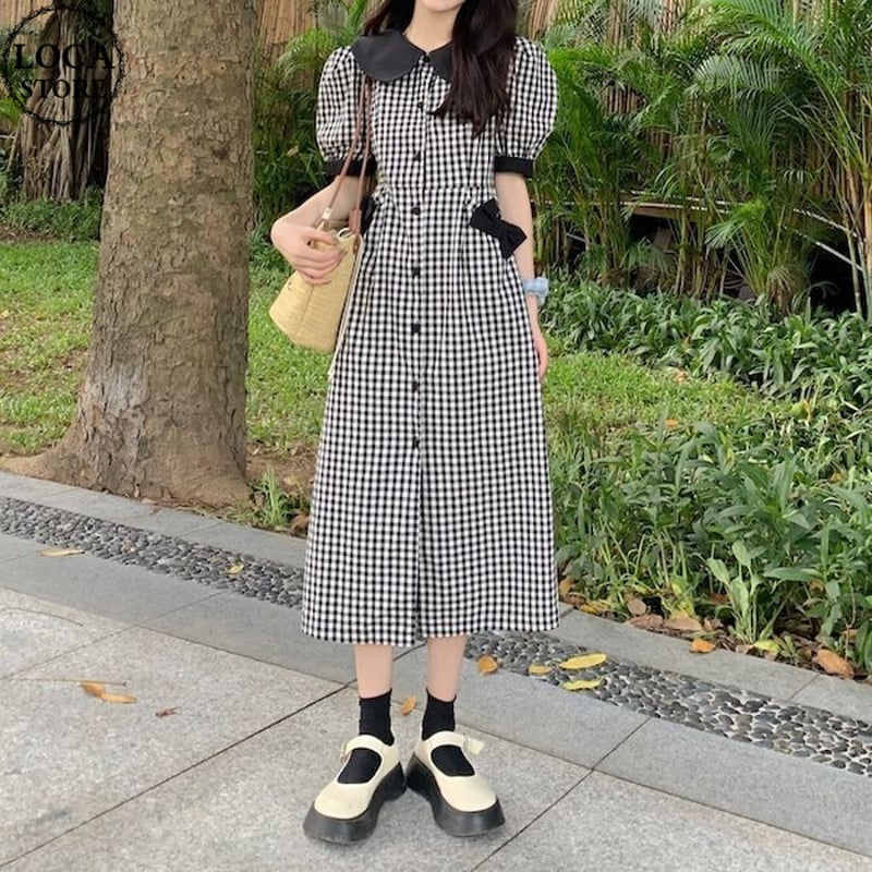 チェック柄 シャツワンピース リボン ロングワンピース 襟付き