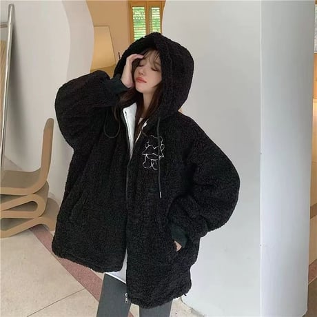 フード付き ボアブルゾン エンジェルくまちゃん 羽 フェイクラムウール ボアジャケット アウター ゆったり 長袖 レトロ 大人可愛い ガーリー カジュアル DTCA-857752590528