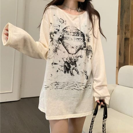 tシャツ 長袖 オーバーサイズ ドロップショルダー ロンt クルーネック トップス ルーズ レトロ 韓国ファッション レディース 大人可愛い ガーリー DTC-735331608484