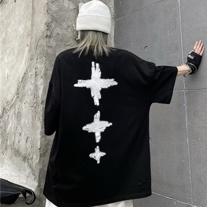 ユニセックス ダメージ加工 Tシャツ ハート クロス 半袖 オーバー